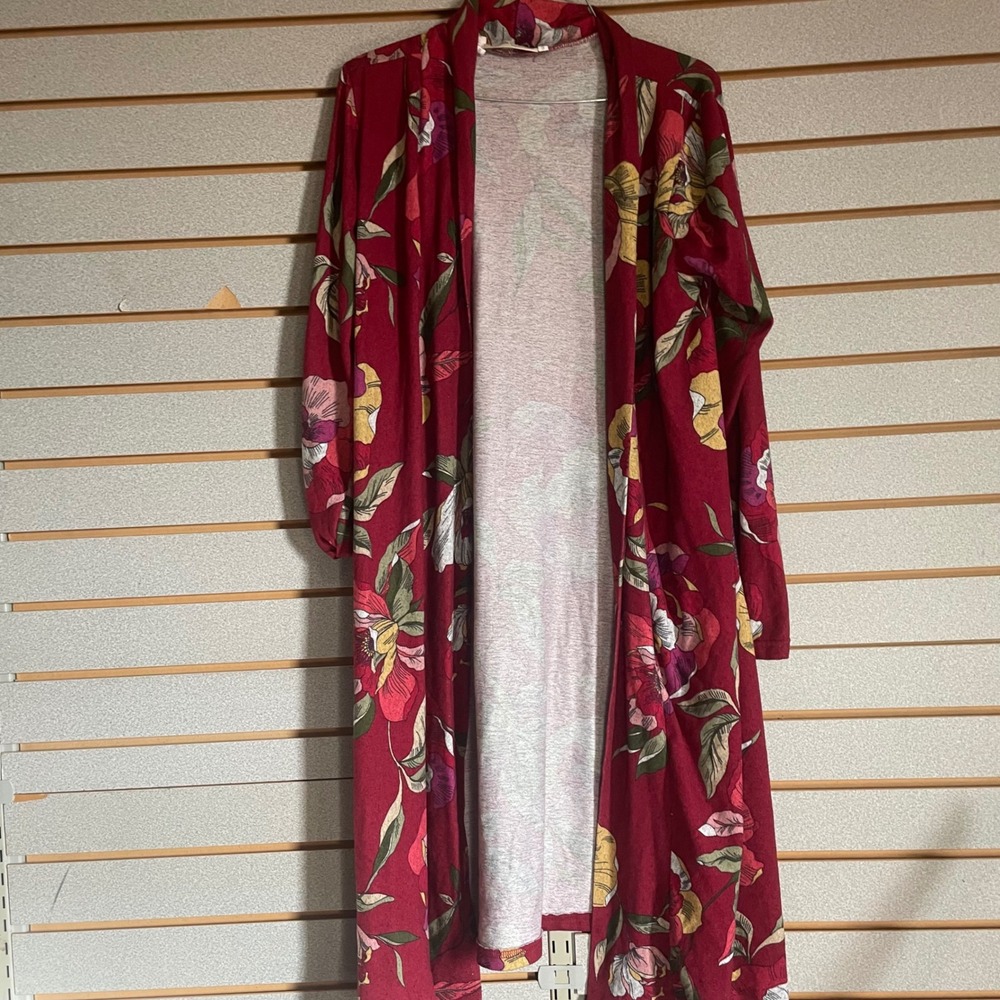 Angela‎ Fashion Red Floral Print Long Kimono Cardigan Duster Size S